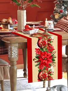 1pc 35*180cm/13.78*70.87inch Christmas Table Runner, Holiday Fabric Decor Tablecloth, Red Christmas Flower, Christmas Ball & Bell Pattern Long Rectangular Tabletop Cloth, Suitable For Christmas Home Decor - Christmas - View 7