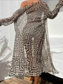 Women's Swimsuit Set, All-Over Print Bikini With Drawstring And Tied Straps With Kimono Beach Cover-Up 3 Pieces - 棕色 - 查看 3