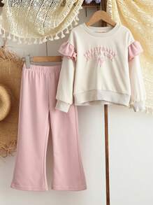 Young Girls Two Pieces Clothes Sets Fall Letter Printing Long Sleeves Cute Bow Sweatershirt And Pants Casual Wear Spring Outfits