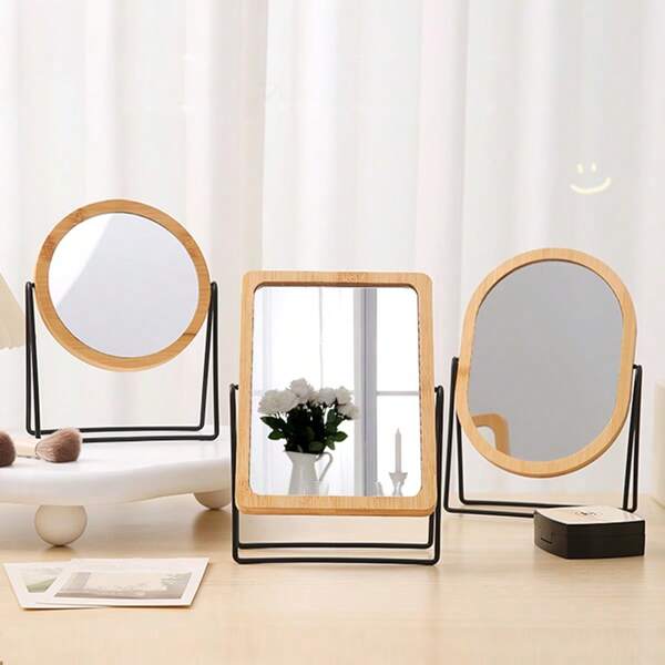 1 pièce Miroir de maquillage rond minimaliste en bambou et métal, miroir de vanité rotatif à double face