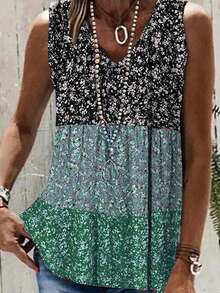 Summer New Color Block Splicing Small Floral Print Fashionable Casual Vacation Style Women's Vest - màu xanh lá - Xem 4