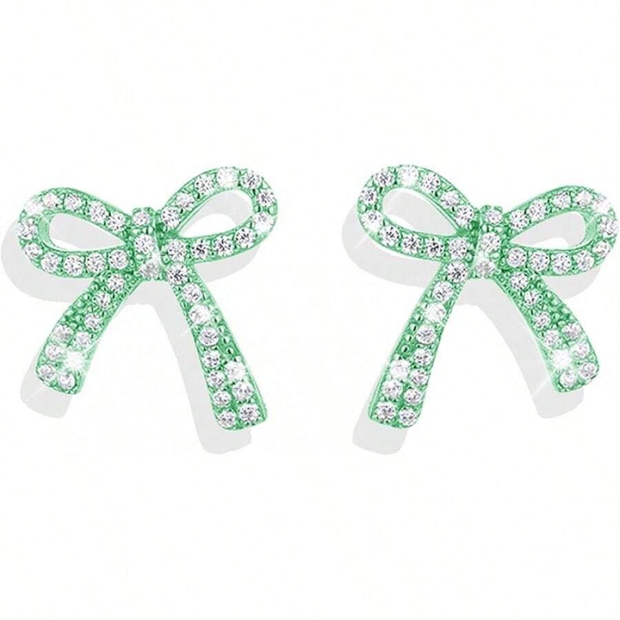 Bow Earrings For Women Sparkly Rhinestone Chain Tassel Earrings Cute Ribbon Stud Earring Daily Party Jewerly Gifts Christmas Stocking Stuffers - A3:綠色蝴蝶結耳環 - 查看 1