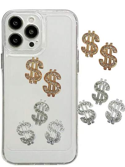 10pcs Silver & Gold Luxury Dollar Sign Diamond Decor, Suitable For Phone Case, Jewelry, Hair Clip, Storage Box, Mirror, Keychain, Y2K DIY Craft Decoration