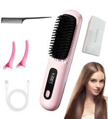Cordless Hair Straightener Brush, Portable Negative Ion Hair Straightener Hot Comb, LCD Display Anti-Scald Hot Straightening Brush With 3 Heating Settings, USB Charging, Easy To Carry For Traveling Pink