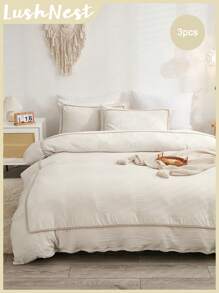 Ensemble de housse de couette beige, parure de lit de style bohème et campagnard, 3 pièces avec décoration de mini pompons beiges. Housse de couette en polyester douce et légère pour garçons et filles. 1 housse de couette, 2 taies d'oreiller, sans couette