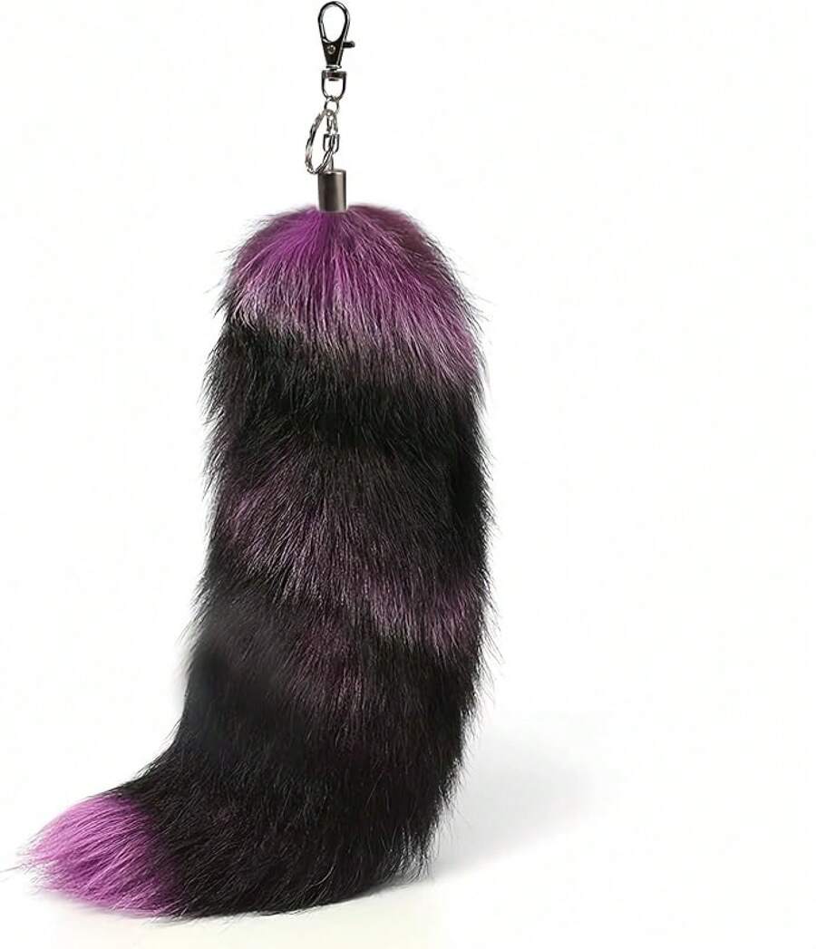Fluffy Therian Fox Tail Keychain - Soft Fur, Realistic Colors, Durable, Perfect For Cosplay, Renaissance FairsChristmas - Greyfox Purple - View 1