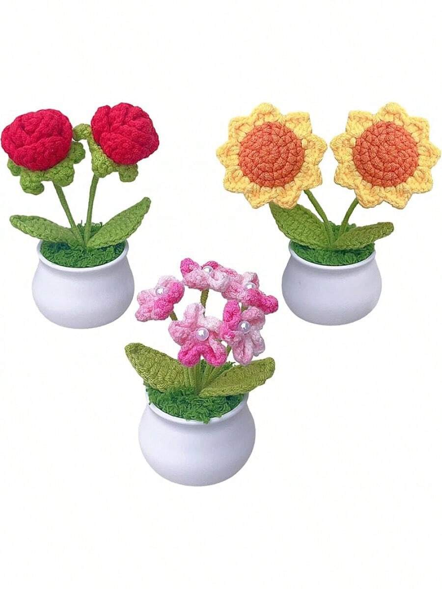 3pcs Het Flower Pot, Daisy Tulips And Forget Me Not Small Potted Flowers, Gifts For Mom Wife On Mothers Day Valentines, Cute Desk Decor For Women Office Car Dashboard