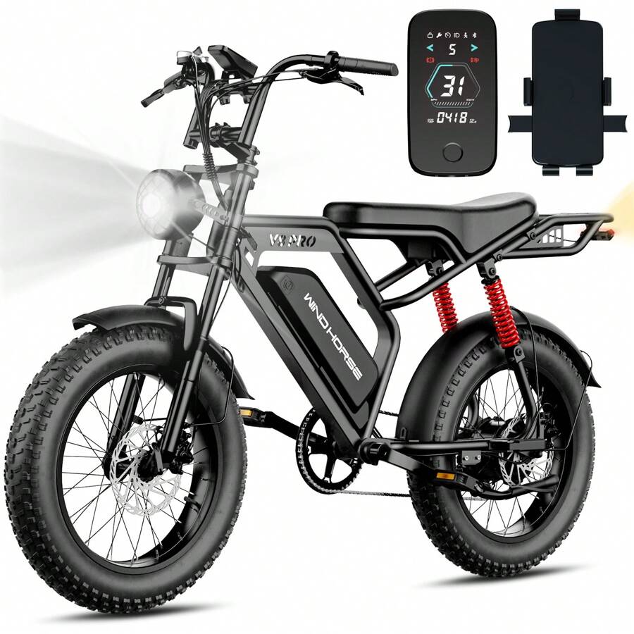 WIND HORSE Fat Tire Electric Bike For Adults, 20" E-Bike 31MPH, 40-65 Mile Range, 1500W Peak Motor, All-Terrain Electric Dirt Bike With Long Seat, Rear Rack, 48V 15.6Ah Removable Battery, Turn Signal, Dual Suspension, Electric Mountain Bike For Commuting & Off-Road