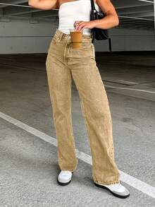 All-Match Slim Straight Leg Jeans - Khaki - View 3