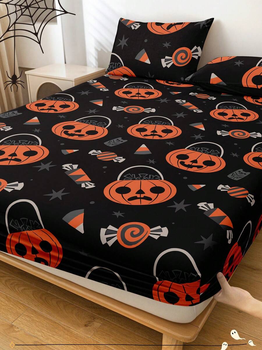 1 pieza Sábana ajustable de Halloween, Protector de colchón con temática de Halloween, Cubierta de cama, Sábana ajustable cómoda y transpirable, Protector de colchón antipelusas, Cubierta de cama con patrón de calabaza de dibujos animados, Decoración de habitación, Antipolvo y antideslizante, Se ajusta a todas las camas - Individual, Doble, Queen, King, Apto para todas las estaciones, No incluye funda de almohada, Lavable a máquina, Regalo perfecto para fiestas, Decoración de otoño, Decoración de habitación