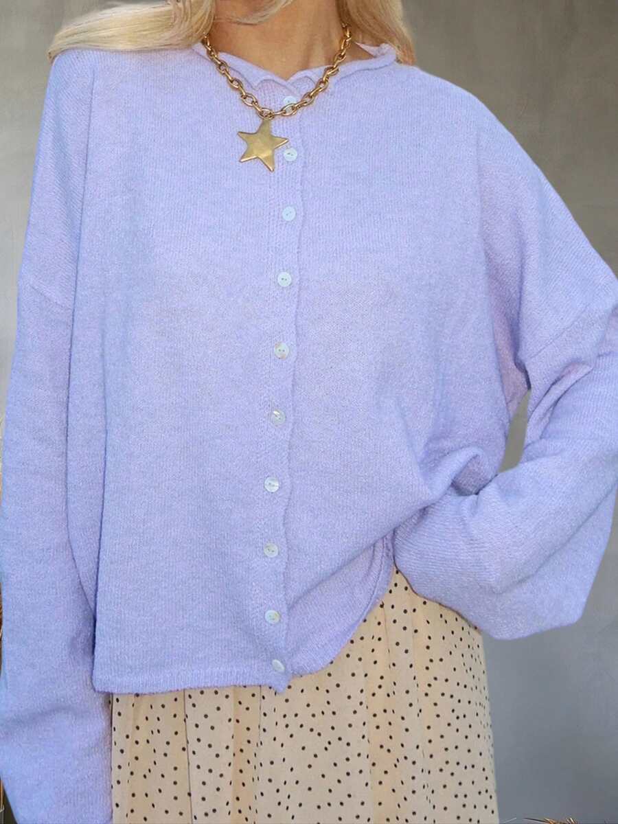 Women Y2k Crew Neck Cardigan Sweater Long Sleeve Button Down Solid Color Top Fall Casual Vintage Lightweight Knitwear - Màu tím - Xem 1