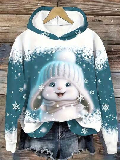 Bluza z kapturem damska w dużym rozmiarze, z nadrukiem świątecznym, swobodna, codzienna i z kreskówkową grafiką