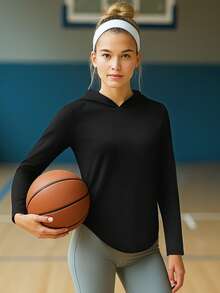 Women's Hooded T-Shirt, Breathable & Comfortable, Suitable For Gym, Running, Yoga, Training, Travel And Daily Wear, Multi-Scenario Sporty Style To Showcase Healthy Vitality And Confidence - Black - View 4