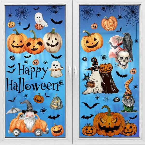 102 pièces Stickers pour fenêtres d'Halloween, stickers statiques à motifs de main dessinés de manière dessin animé, citrouille, fantôme, araignée, décoration de scène d'Halloween, stickers pour vitres