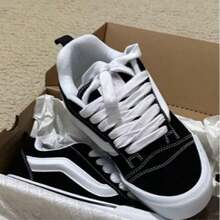 KNU Skool Men's Casual Sneakers, Flat Sole Skater - Thick Laces, Men's Everyday Sneakers - 黑色克努 - 查看 5