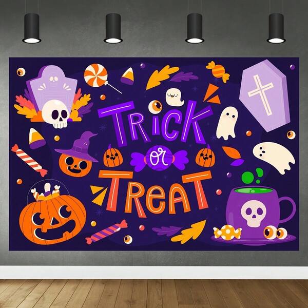 Fondo de Halloween 2D con calabazas, lápidas y pancarta "Truco o " - Fondo fotográfico morado, adecuado para fiestas, estudio fotográfico y decoración estacional, decoraciones de fiesta de Halloween | Suministros de fiesta espeluznante | Calidad de impresión vibrante, decoraciones de Halloween