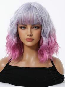 Peluca sintética de 12 pulgadas con ondas cortas y efecto ombré en púrpura, con flequillo, apta para uso diario, fiestas y cosplay - Ombre Púrpura - Ver 6