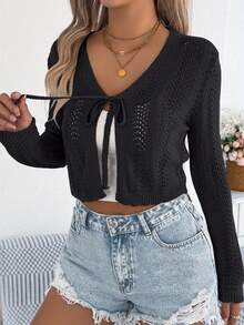 Women's Solid Color Knitted Cardigan Autumn Lace Up Hollow Long Sleeved Casual Outfit Knitted Sweater - Black - View 5