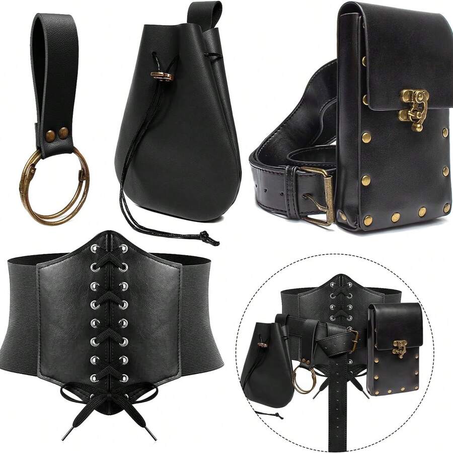 Womens Corset Belt Pouch Waist Bag Fanny Pack Phone Holder Coin Purse Skirt Hikes Loop Hook Medieval Renaissance Costume Sets - A - View 1