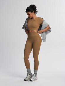 TCVC Women's Seamless Knit Solid Color Super Stretchy Sheer Resistant Sports Short Sleeve Top + Leggings 2 Piece Set, Crew Neck Tight Cropped Short Sleeve, High Waist Tummy Control Peach Butt Solid Color Skinny Leggings, Suitable For Running, Yoga, Gym, Outdoor, Casual & Leisure - Coffee Brown - View 5