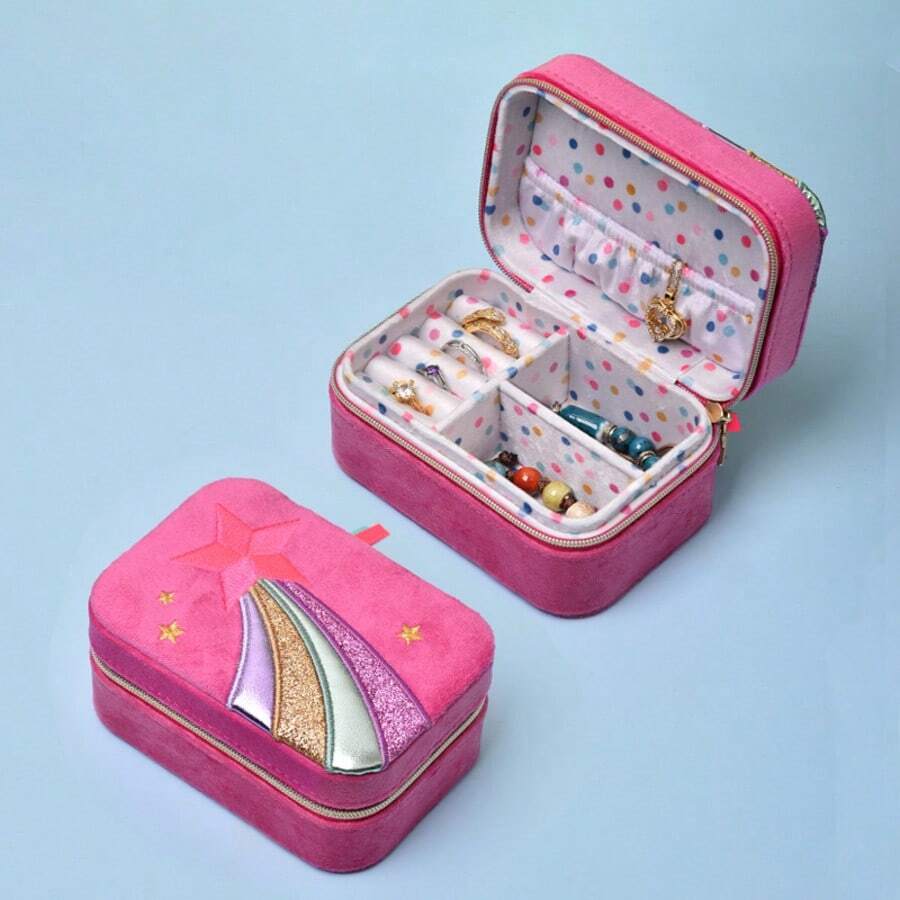 New Jewelry Box Storage Box Suede Embroidery Portable Jewelry Ring Jewelry Box - Pink - View 1