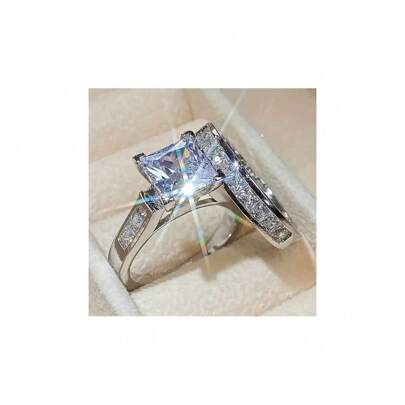 2pcs Luxury Square Cubic Synthetic Zirconia Rings Luxury All-Around Women's Rings Wedding Engagement Rings Set Fashion Jewelry
