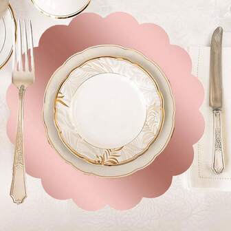 12/24 件玫瑰金纸质餐垫，扇形纸质餐垫，圆形餐垫，适用于餐桌、生日餐桌装饰、婚宴、晚宴