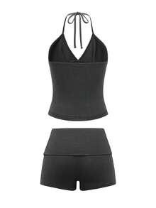 GAOVOT Bộ đồ thể thao gợi cảm dành cho nữ, gồm áo cổ chữ V và quần short bó sát, thích hợp cho chạy bộ, tập thể dục và các dịp khác. - Màu xám đen - Xem 9