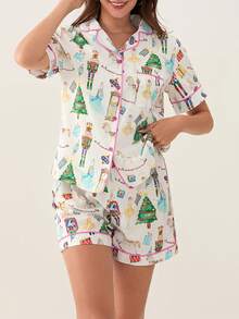 Christmas Pajamas Shorts Set For Women Santa Claus Pjs Button Up Shirt+Shorts 2 Piece Xmas Jammies Loungewear - Green - View 3