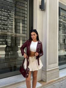 Women's Solid Color Zipper Button Backless Leather Jacket - Burgundy - View 4