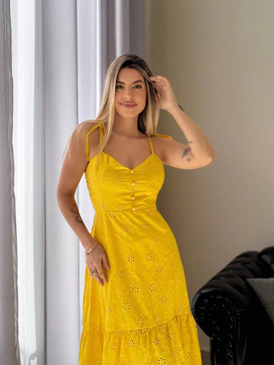 MIDI DRESS WITH TIES ON THE LAISE STRAPS - Yellow - View 1