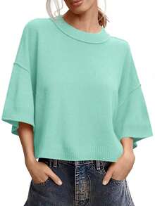 Womens Short Sleeve Sweater Summer Oversized Cropped Sweaters Casual Crewneck Lightweight Knit Tops - Mint Green - View 1