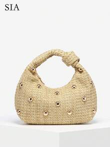 1 件女士复古休闲安哥拉绒面革豹纹波西米亚镂空钩针贝壳仿皮单肩包/腋下法棍包，适合外出、约会、通勤 - 杏色 - 查看 1