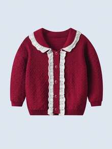 女婴优雅荷叶边开衫，酒红色长袖纽扣毛衣，适合生日派对、婚礼、周年纪念、秋冬季日常穿着 - 酒紅色 - 查看 1