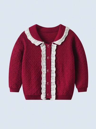 女婴优雅荷叶边开衫，酒红色长袖纽扣毛衣，适合生日派对、婚礼、周年纪念、秋冬季日常穿着