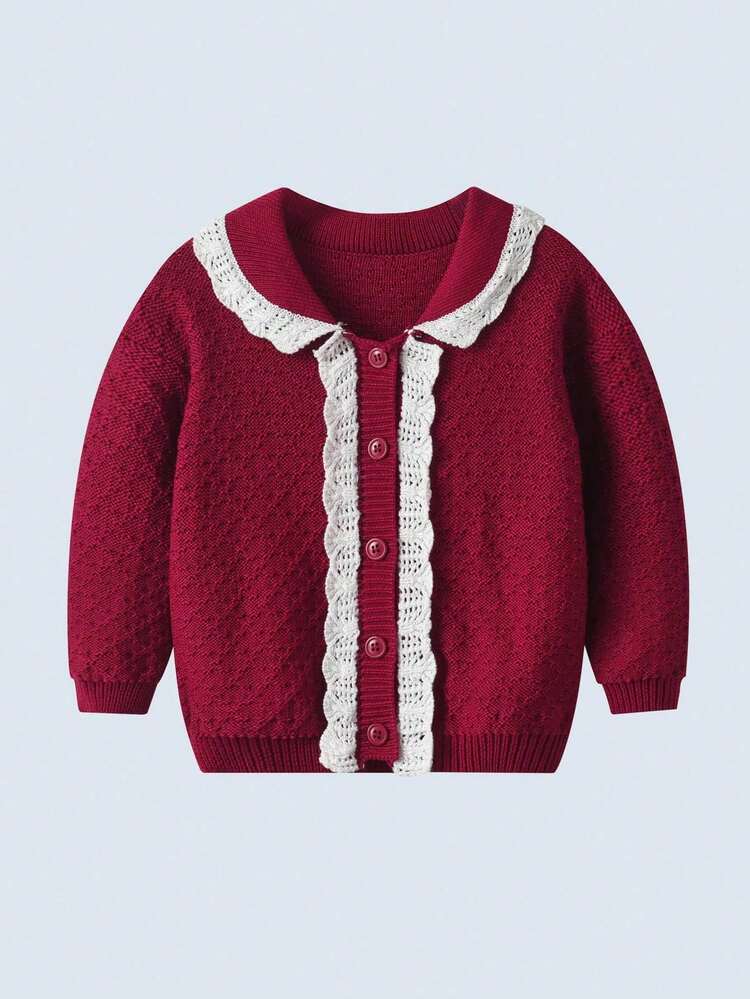 女婴优雅荷叶边开衫，酒红色长袖纽扣毛衣，适合生日派对、婚礼、周年纪念、秋冬季日常穿着 - 酒紅色 - 查看 1
