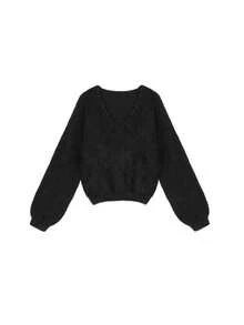 女士 V 领毛衣，柔软仿貂皮休闲长袖上衣