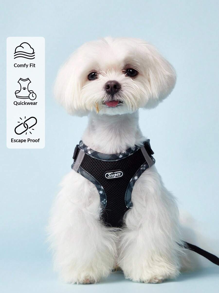 PETSIN 透氣反光格子邊胸背帶套裝，適用於小型犬，包括一條牽繩，適用於室內和室外的貓狗 - 黑色 - 查看 1