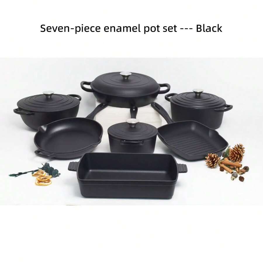 [Multi-Color] Seven-Piece Enamel Pot Set. Stew Pot + Seafood Pot + Frying Pan + Baking Pan + Mommy Pot + Milk Pot + Steak Plate. - 06.黑色 - 查看 1