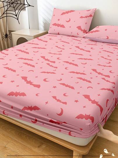 1 pieza Sábana ajustable de Halloween, Protector de colchón con temática de Halloween, Cubierta de cama, Sábana ajustable cómoda y transpirable, Protector de colchón antipelusas, Cubierta de cama con patrón de dibujos animados rosa, Decoración de habitación, Antipolvo y antideslizante, Se ajusta a todas las camas - Individual, Doble, Queen, King, Apto para todas las estaciones, No incluye almohada ni funda de almohada, Lavable a máquina, Regalo perfecto para fiestas, Decoración de otoño, Decoración de otoño, Decoración de habitación