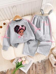Toddler Cartoon Print Warm Crew Neck Sweatshirt And Pants Set - Grey - View 1