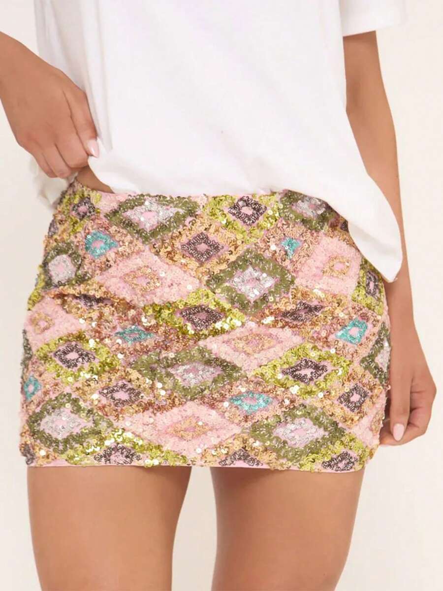 Sparkle In Style: Women's Summer Mini Skirts Sequins Geometric Pattern Skirt Perfect For Daily Wear, Travel Adventures,  Party Vibes - 粉色 - 查看 1