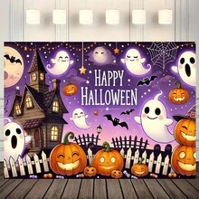1 pieza Tela de fondo con temática de calabaza y fantasma, adecuada para decoración de fiesta de Halloween, decoración de jardín, decoración de pared, decoración del hogar, fondo de fotografía, decoración interior y exterior, celebración de aniversario