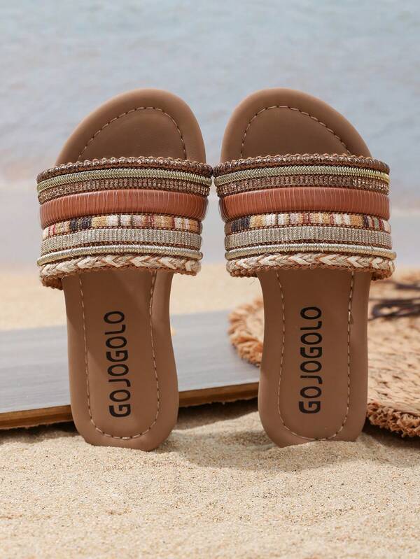 1 Paar runde offene Zehen Boho Sandalen, lässiger minimalistischer Stil, flache Strandpantoffeln für Innen- und Außenbereich, aus hochwertigem Leder gefertigt, geeignet für den täglichen Gebrauch, Urlaub und Reisen