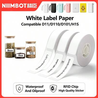  Niimbot 标签贴纸 迷你便携式白色防水防油热敏标签不干胶标签 适用于家用/商用 D110/D11 打印机