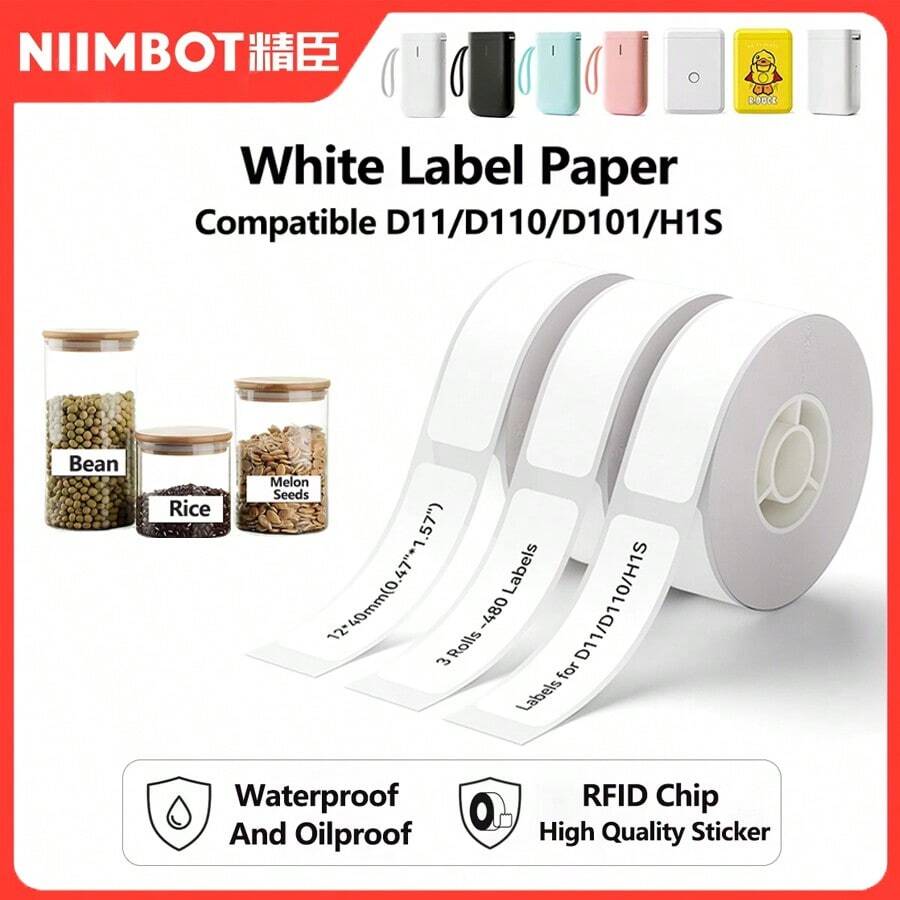 Niimbot Mini Portable White Waterproof Oil-Resistant Thermal Label Stickers, Suitable For Home/Commercial D110/D11 Printers