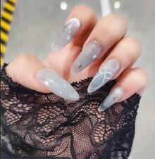 OroBelle 2025 Blue Cat Eye & Watercolor Press-On Nails| Long Oval Shape| With Starry Glitter, Holographic Flows & Bow Details| Icy Blue Glass Pearl Nail Art - S - Xem 7