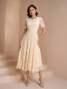 优雅圆领修身女士奢华连衣裙，迷人性感，适合派对穿着 - 淡黃色 - 查看 3