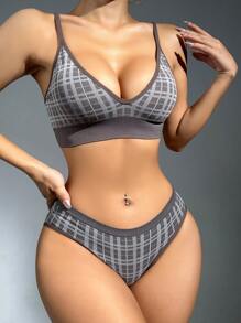 2件无缝内衣套装，经典格纹套装（无衬垫吊带背心和无钢圈文胸+内裤），V领女士文胸和内裤 - 咖啡棕 - 查看 2