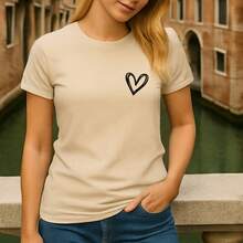 Women's Basic T-Shirt Cute Heart 100% Cotton Various Colors - 米色 - 查看 3